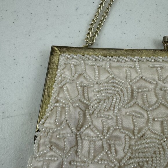 Vtg Mister Ernest Handbag Purse Clutch White Beaded Gold Clasp Gold Chain Prom - Picture 4 of 16